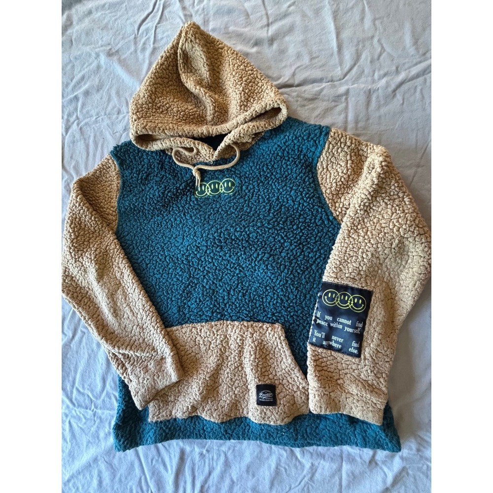 Brooklyn Cloth No Worries Sherpa Hoodie Teal Tan Colorblock Smiley Face Large